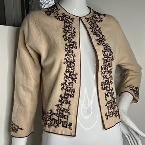 Eagle Sz S Beige Lambswool Brown Beaded Cardigan Sweater Silk Lined